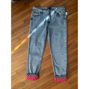 AZI New York Dottie blue Acid Wash Jeans Red Polka Dot Cuff Womens 12 NWT